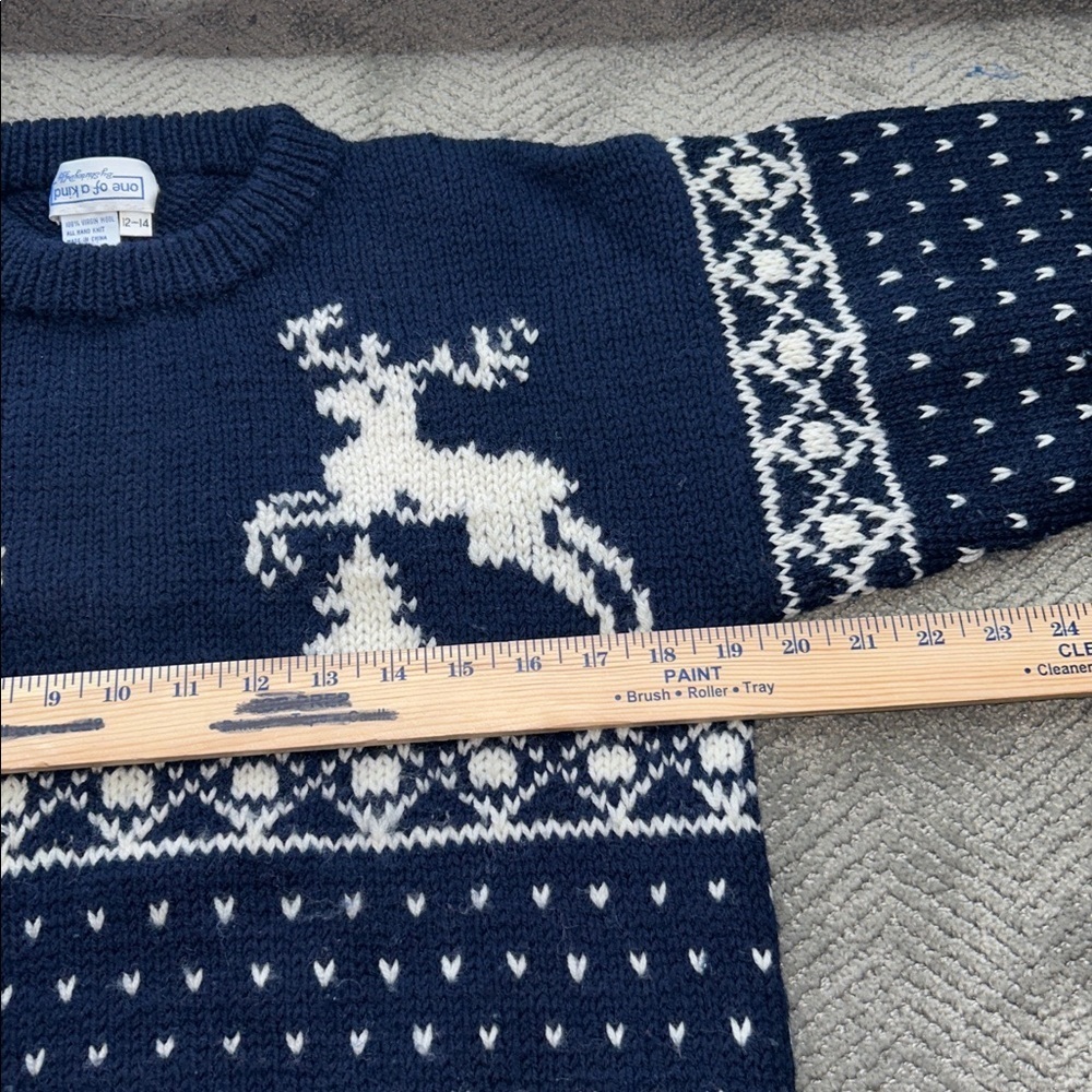 One of a Kind Hand Knit Wool Reindeer Sweater Kids 12–14 Nordic Fair Isle - Picture 6 of 8